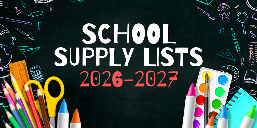 Chalkboard with school supplies and text that says "School Supply Lists 26-27"